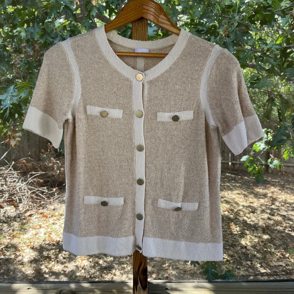 Ecru Women's Beige And White Knit Short Sleeve Cardigan Size S